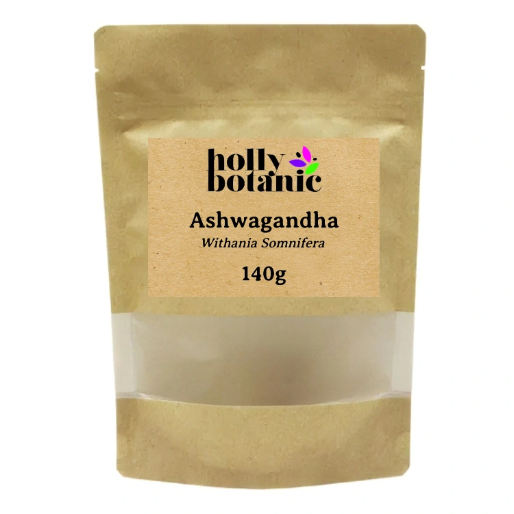 Dried ashwagandha root supplied in recyclable, heat-sealed pouches