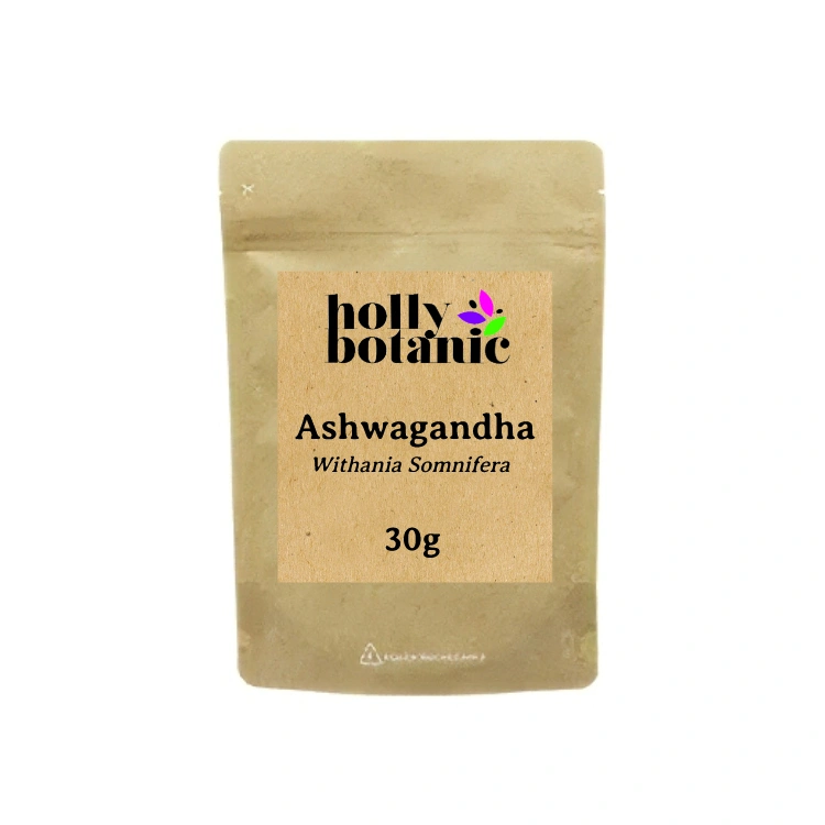 Dried ashwagandha root supplied in recyclable, heat-sealed pouches