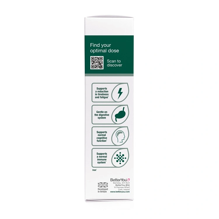 BetterYou Iron Oral Spry 25ml. 10ml of Iron per serving, 32 doses. Pomegranate flavour. Left