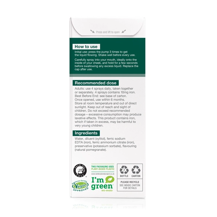BetterYou Iron Oral Spry 25ml. 10ml of Iron per serving, 32 doses. Pomegranate flavour. Rear