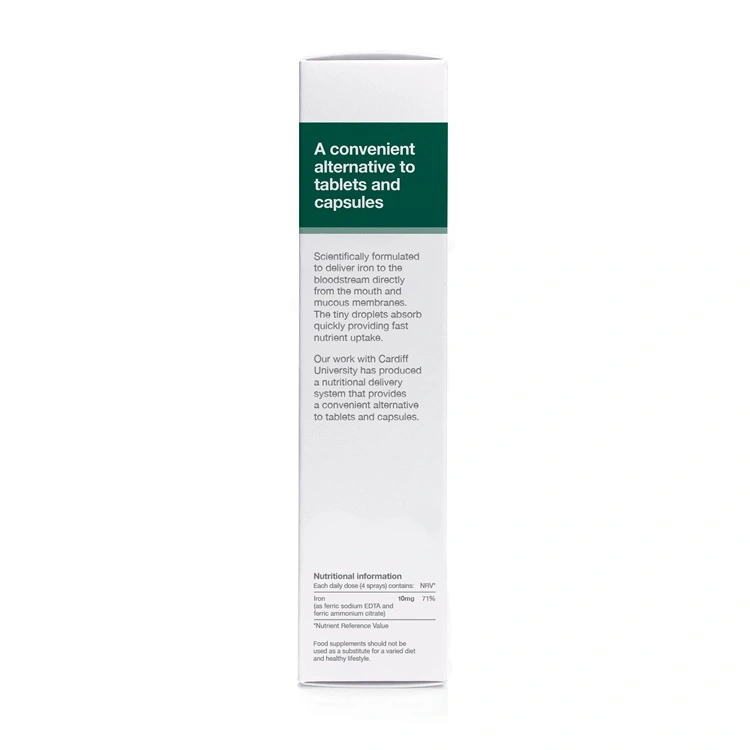 BetterYou Iron Oral Spry 25ml. 10ml of Iron per serving, 32 doses. Pomegranate flavour. Right
