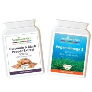 Joints Bundle - a months supply of curcumin and black pepper extract 500mg capsules and vegan omega 3 625mg capsules providing EPA, DHA and DPA. Supplied in recyclable, letterbox-friendly pots.