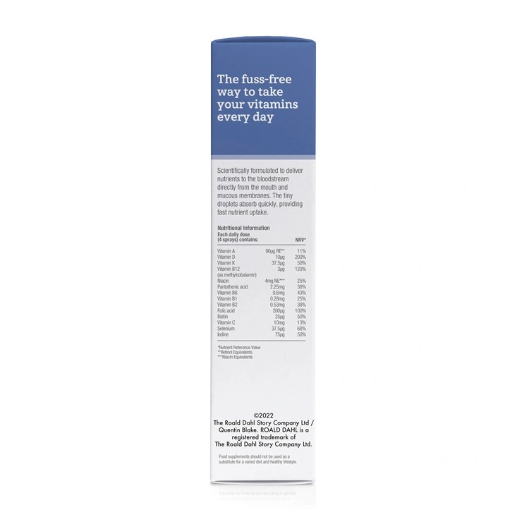 BetterYou Multivitamin Kids Oral Spray 25ml. Chocolate & Marshmallow flavour spray with 32 doses. Suitable for vegans. Left