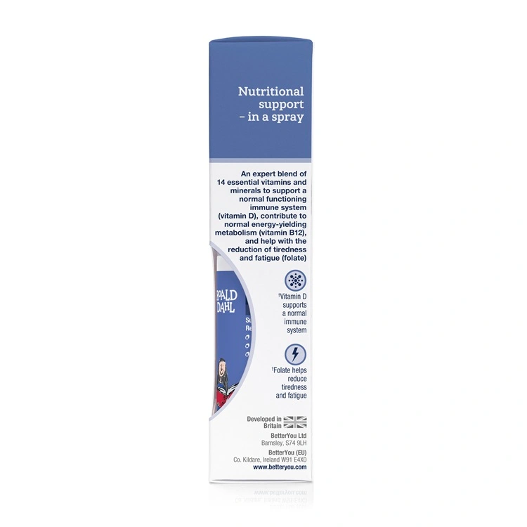 BetterYou Multivitamin Kids Oral Spray 25ml. Chocolate & Marshmallow flavour spray with 32 doses. Suitable for vegans. Right