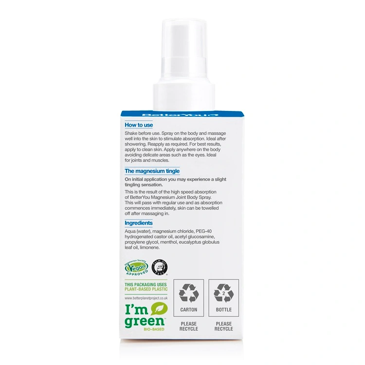 Magnesium Joint Spray from Better You. 100mg of magnesium and 50mg of glucosamine to support joint health. 100ml bottle containing 600 sprays. Rear