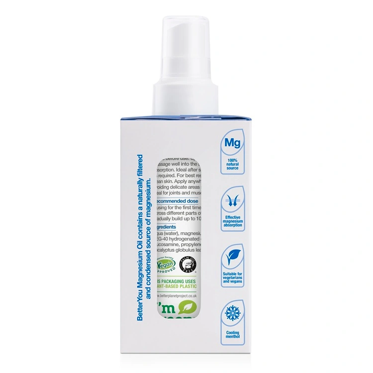 Magnesium Joint Spray from Better You. 100mg of magnesium and 50mg of glucosamine to support joint health. 100ml bottle containing 600 sprays. Side