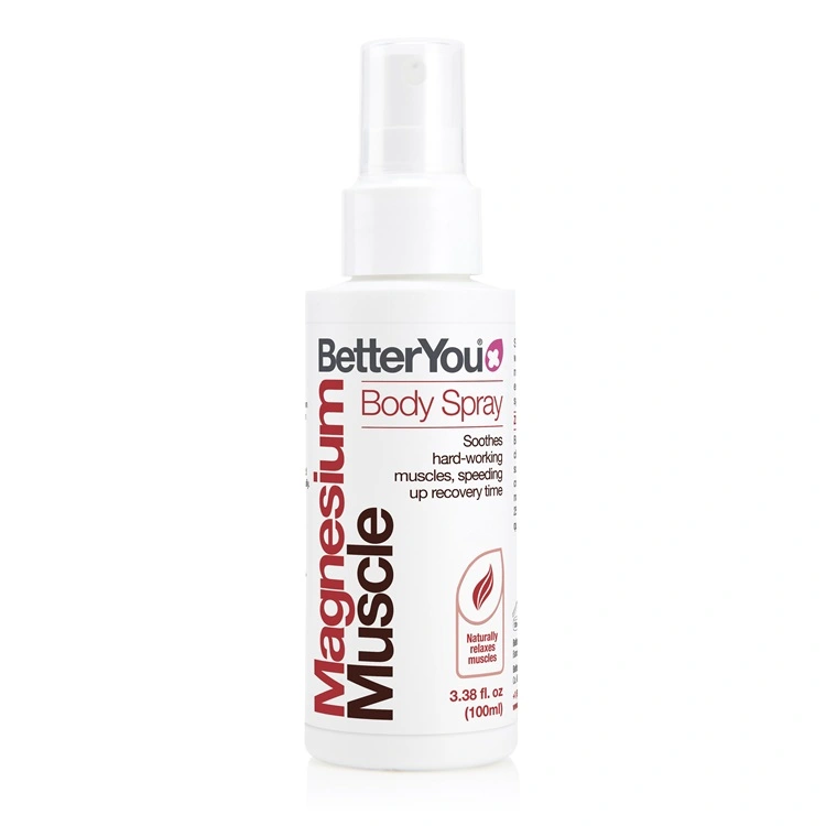 BetterYou Magnesium Muscle Spray 100ml. Magnesium citrate combined with essential oils to be applied to the skin to relieve aching muscles. 10 sprays delivers 150mg of magnesium. Open