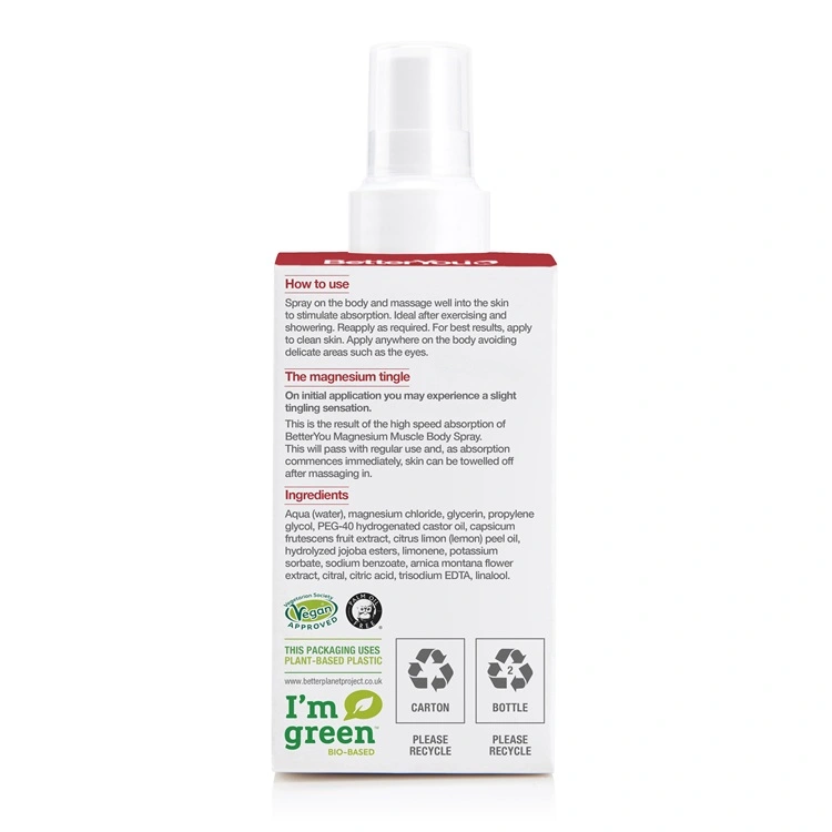 BetterYou Magnesium Muscle Spray 100ml. Magnesium citrate combined with essential oils to be applied to the skin to relieve aching muscles. 10 sprays delivers 150mg of magnesium. Rear