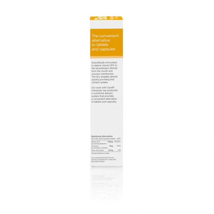 BetterYou Boost Vitamin B12 Oral Spray oral spray 25ml, 48 daily doses. 1,200μg per daily dose. Natural apricot flavour. Left