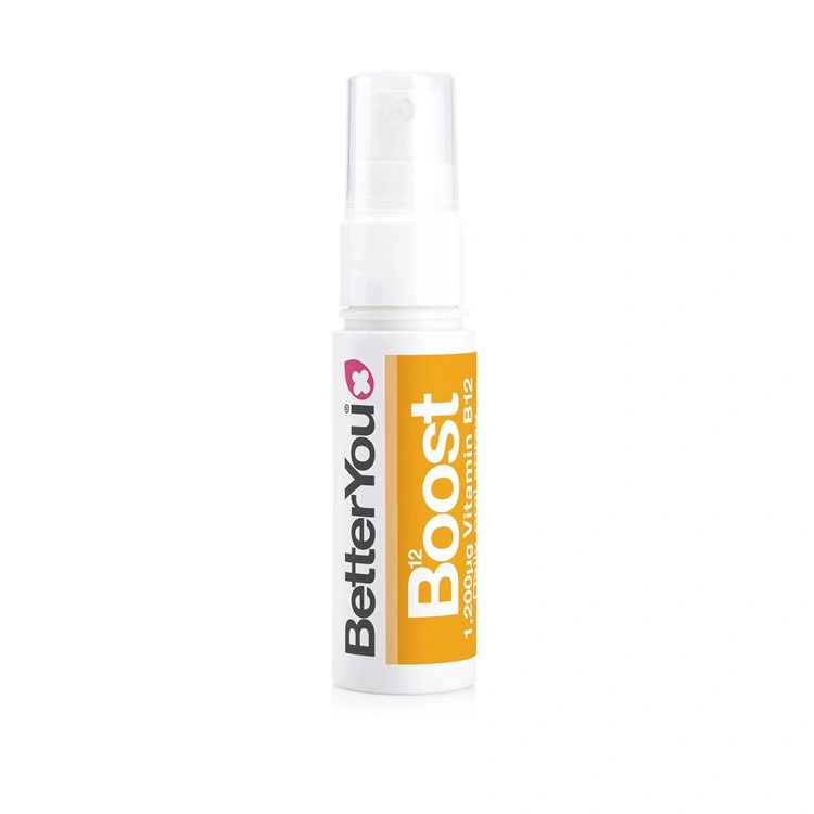 BetterYou Boost Vitamin B12 Oral Spray oral spray 25ml, 48 daily doses. 1,200μg per daily dose. Natural apricot flavour. Open