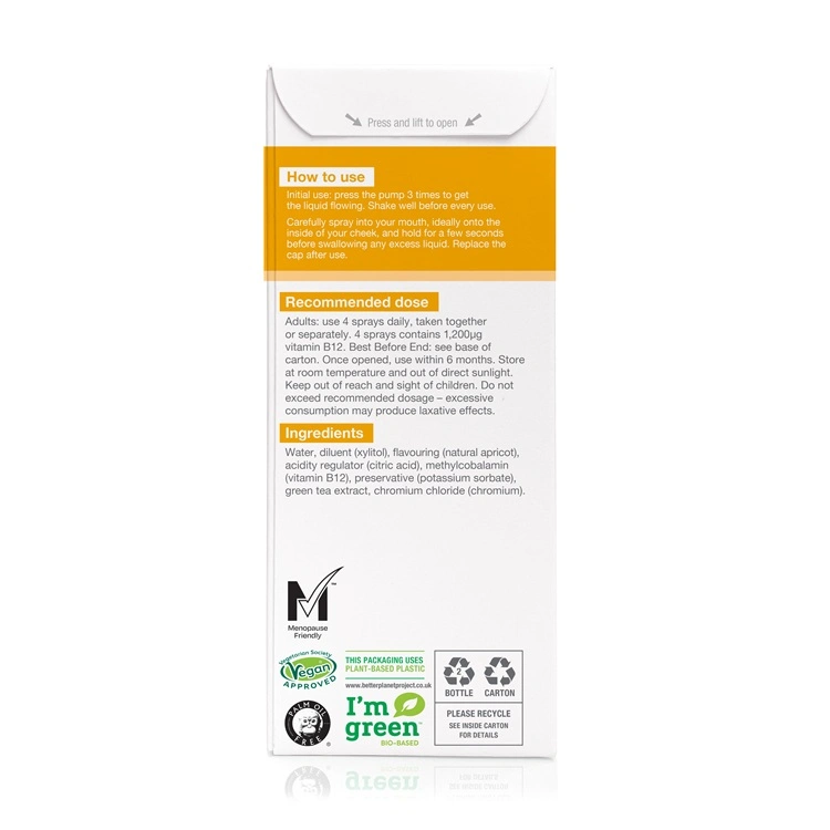 BetterYou Boost Vitamin B12 Oral Spray oral spray 25ml, 48 daily doses. 1,200μg per daily dose. Natural apricot flavour. Rear