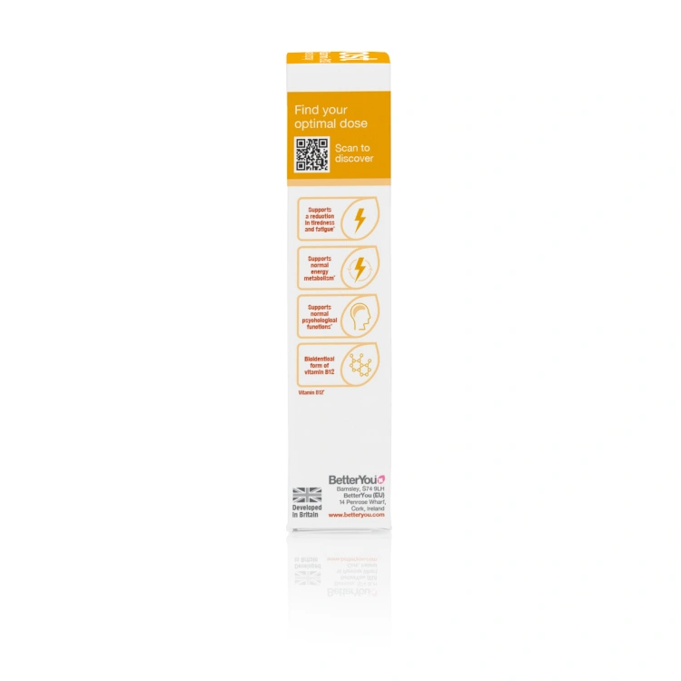 BetterYou Boost Vitamin B12 Oral Spray oral spray 25ml, 48 daily doses. 1,200μg per daily dose. Natural apricot flavour. Right