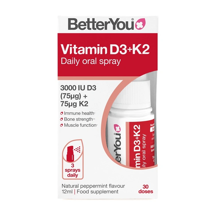 BetterYou Vitamin D3+K2 Oral Spray 12ml. 3000IU of Vitamin D3, 75mcg of Vitamin K2 delivered per 3 sprays. Peppermint flavour. Box and Bottle. Closed