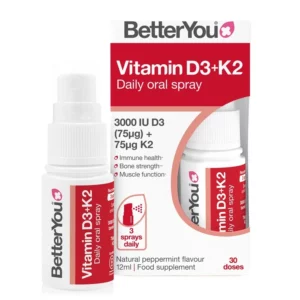 BetterYou Vitamin D3+K2 Oral Spray 12ml. 3000IU of Vitamin D3, 75mcg of Vitamin K2 delivered per 3 sprays. Peppermint flavour. Box and Bottle. Main