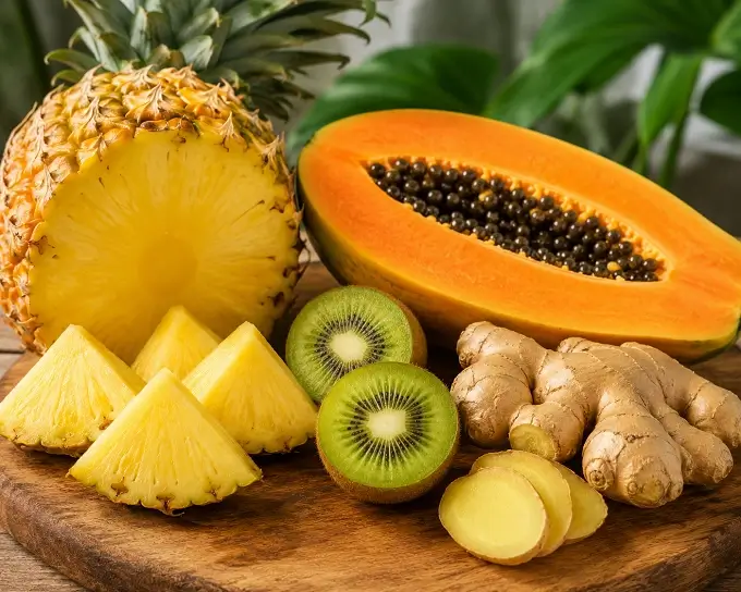Pineapple, papaya, ginger and kiwi can provide both systemic and digestive benefits.
