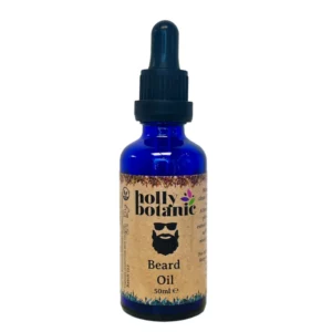 Beard oil supplied in a blue glass, recyclable 50ml bottle with pipette.