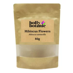 80g of dried hibiscus flowers supplied in a recyclable, heat-sealed pouch.