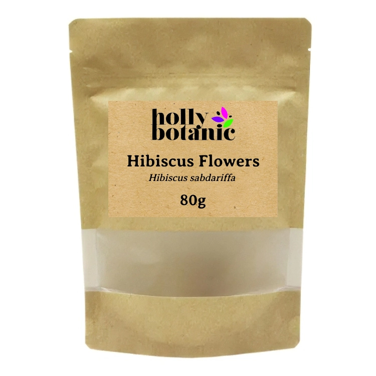 80g of dried hibiscus flowers supplied in a recyclable, heat-sealed pouch.