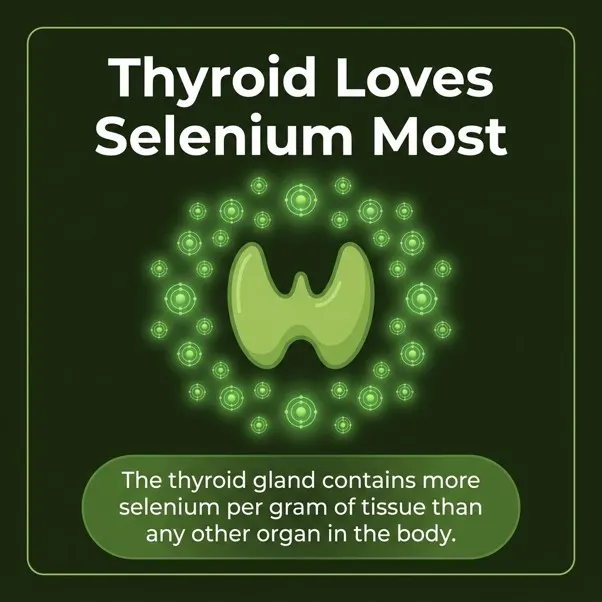 The thyroid gland contains more selenium per gram of tissue than any other organ in the body