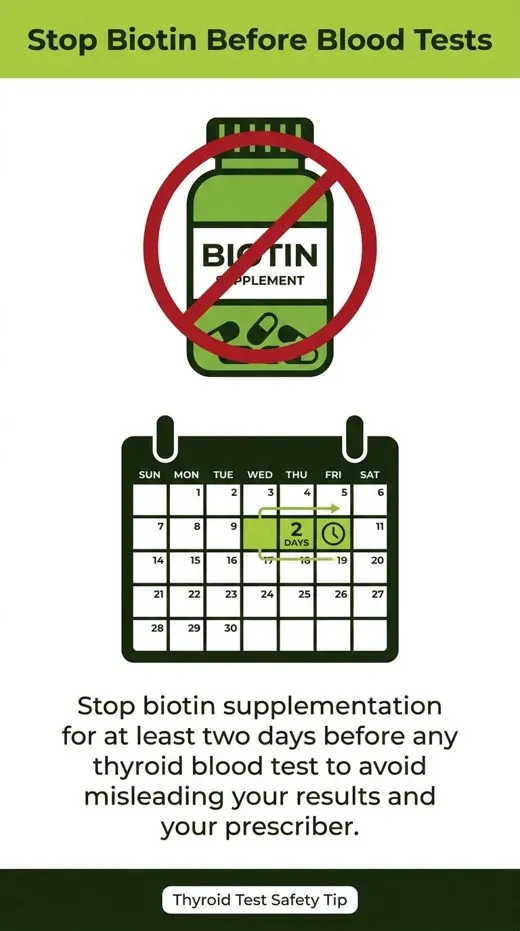 Stop biotin supplementation two days before a thyroid blood test.