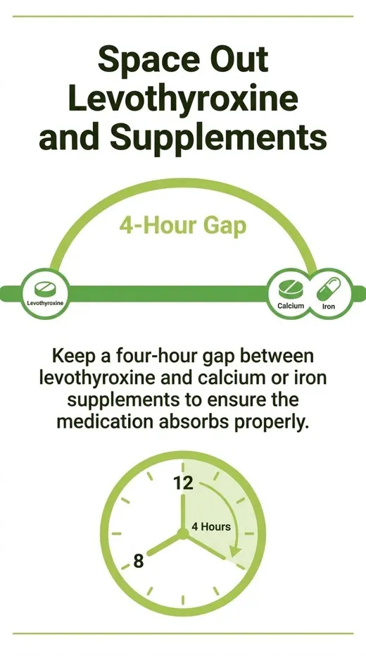 Take a four hour gap between levothyroxine medication and calcium or iron supplements