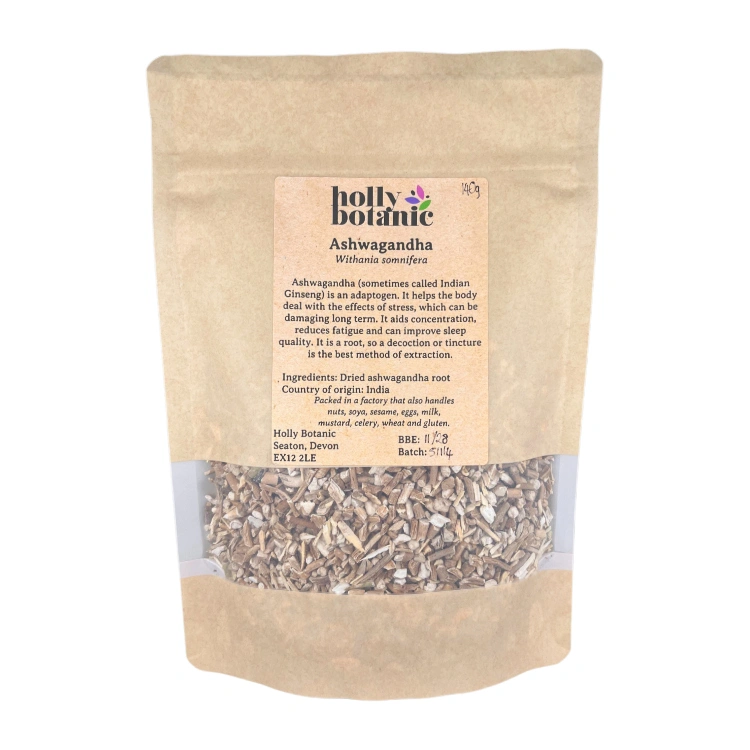 Ashwagandha herb supplied in recyclable, heat-sealed pouches. Available in small, medium or large.