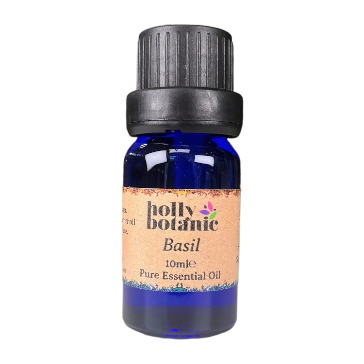 Basil essential oil available in either 5ml or 10ml blue glass, recyclable dropper bottles.