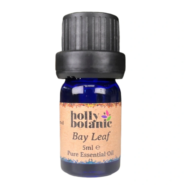 Bay leaf essential oil available in either 5ml or 10ml blue glass, recyclable dropper bottles.