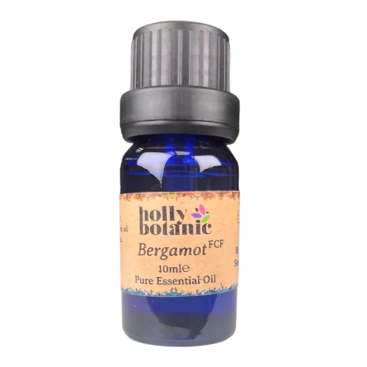 Bergamot essential oil available in either 5ml or 10ml blue glass, recyclable dropper bottles.