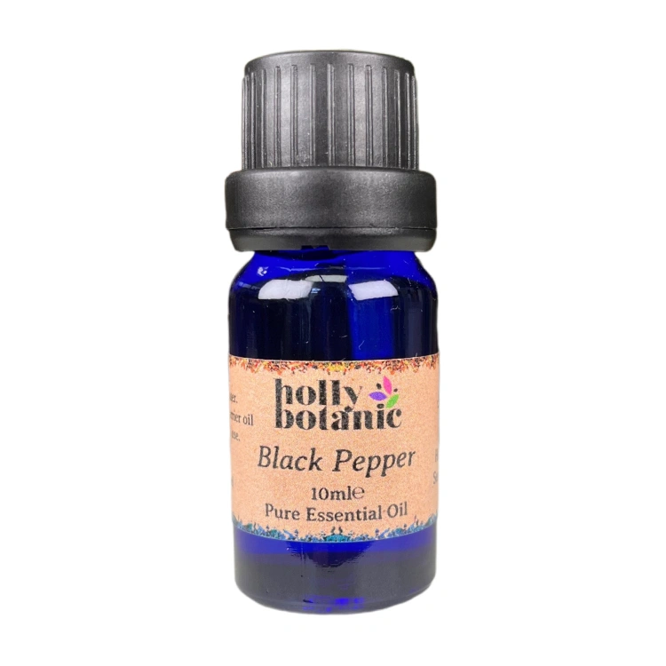 Black pepper essential oil available in either 5ml or 10ml blue glass, recyclable dropper bottles.