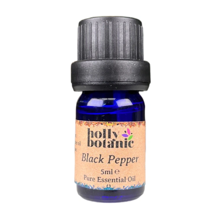 Black Pepper essential oil available in either 5ml or 10ml blue glass, recyclable dropper bottles.