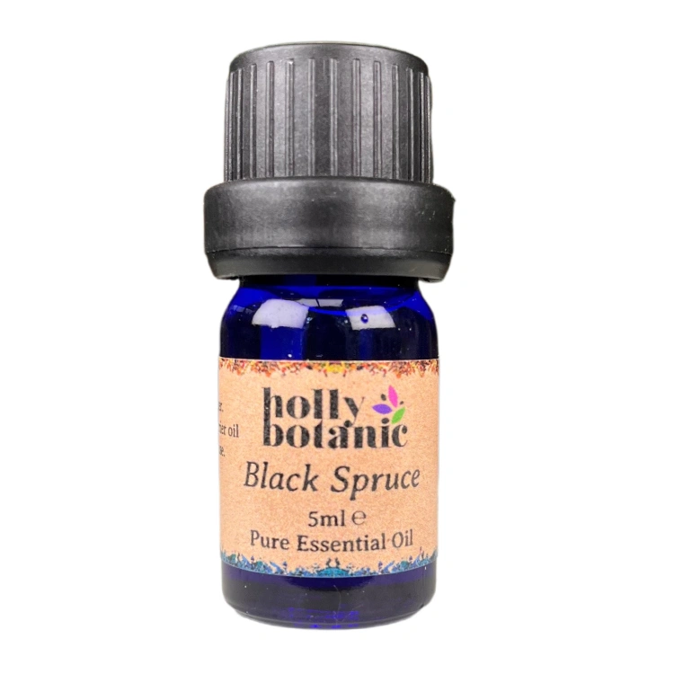 Black Spruce essential oil available in either 5ml or 10ml blue glass, recyclable dropper bottles.
