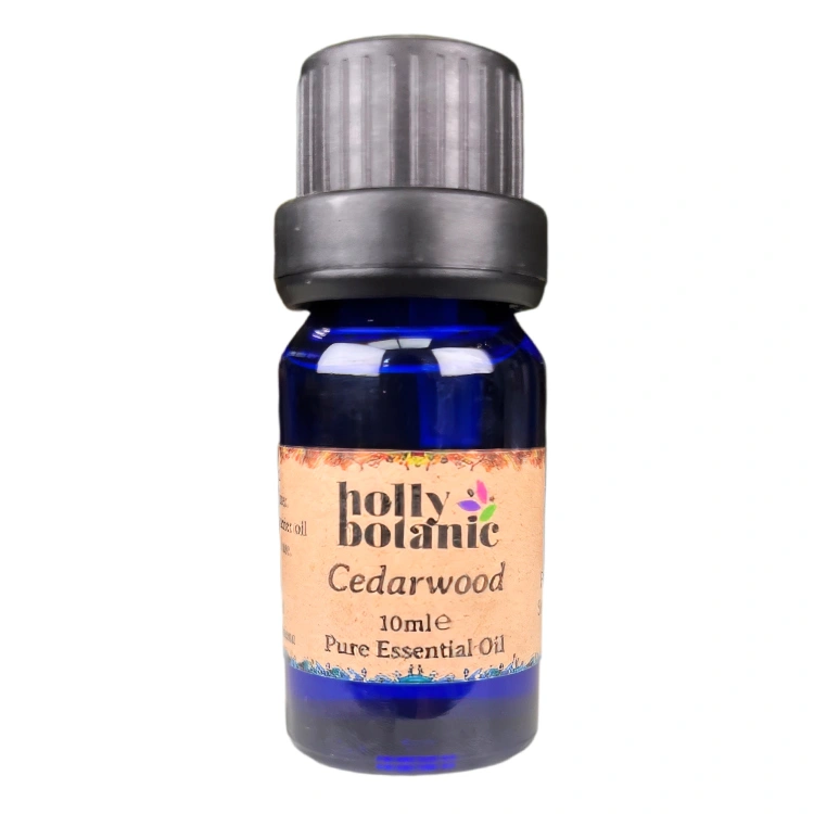 Cedarwood essential oil available in either 5ml or 10ml blue glass, recyclable dropper bottles.