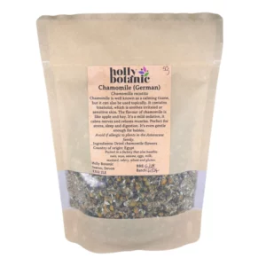 Dried chamomile flowers supplied in recyclable, heat-sealed pouches. Available in small, medium or large.