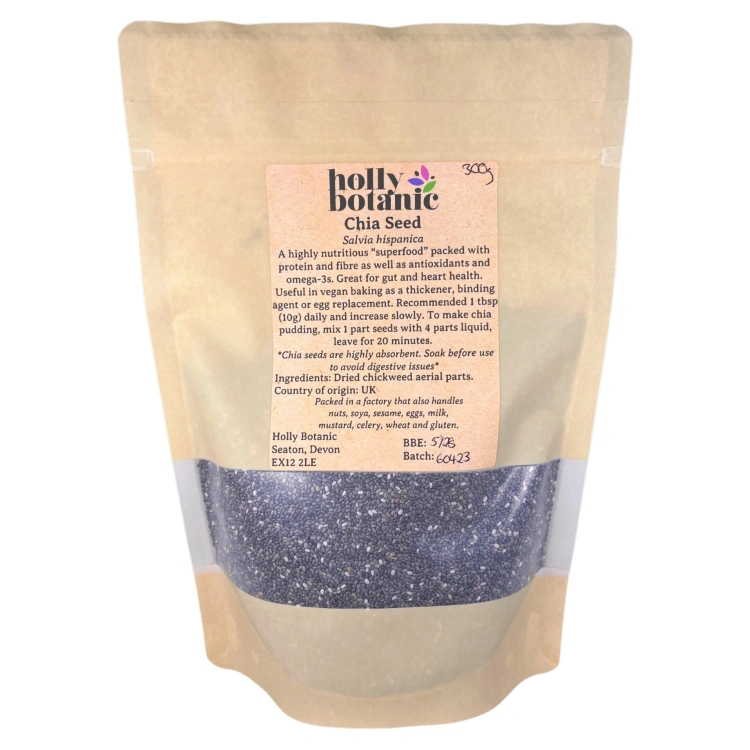 Chia Seeds supplied in recyclable, heat-sealed pouches. Available in small, medium or large.