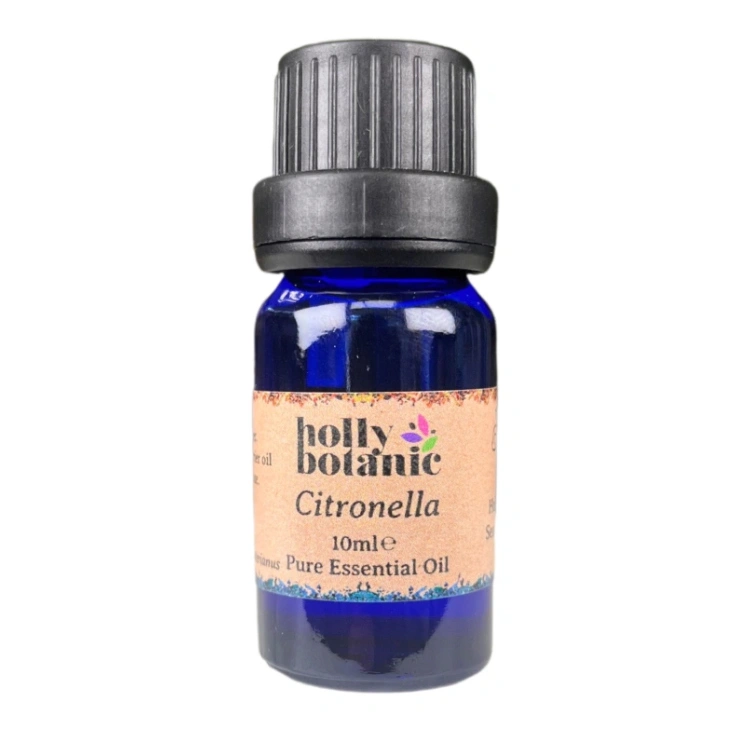 Citronella essential oil available in either 5ml or 10ml blue glass, recyclable dropper bottles.