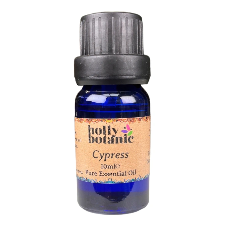 Cyprus essential oil available in either 5ml or 10ml blue glass, recyclable dropper bottles.