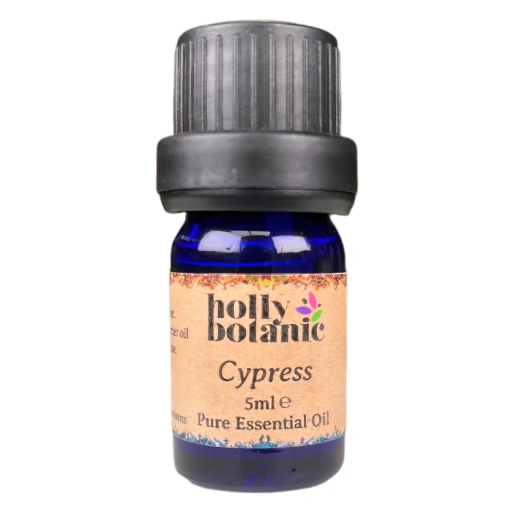 Cyprus essential oil available in either 5ml or 10ml blue glass, recyclable dropper bottles.