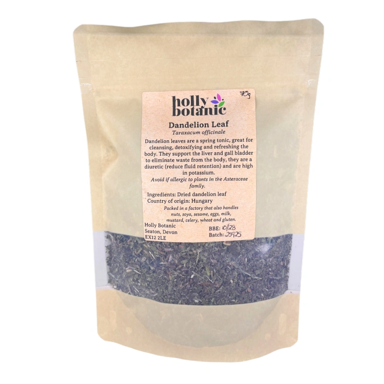 Dandelion Leaf supplied in recyclable, heat-sealed pouches. Available in small, medium or large.