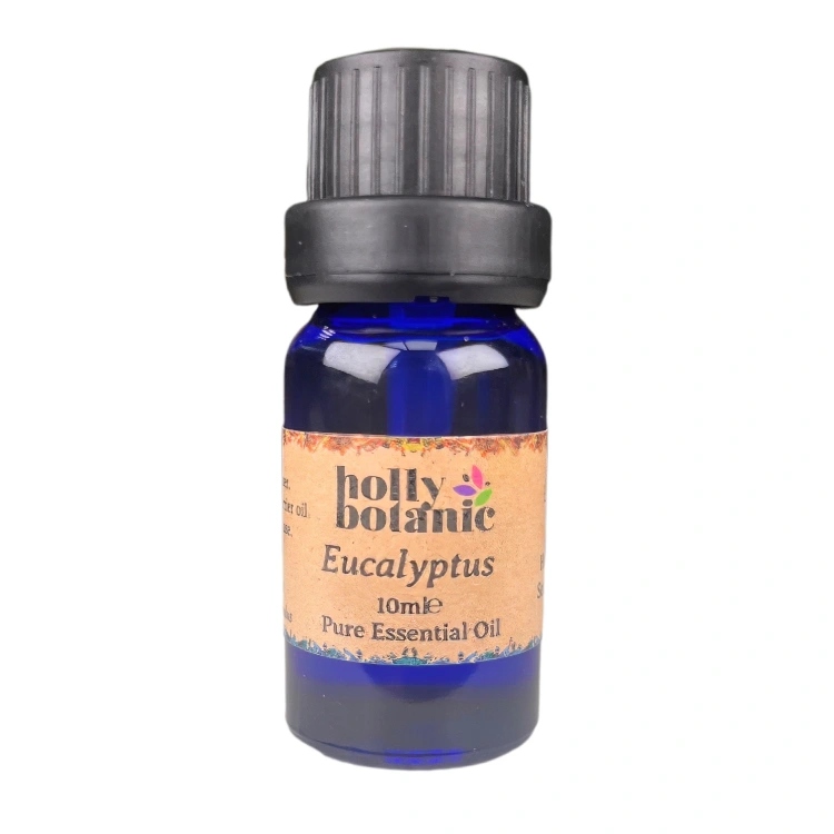 Eucalyptus essential oil available in either 5ml or 10ml blue glass, recyclable dropper bottles.