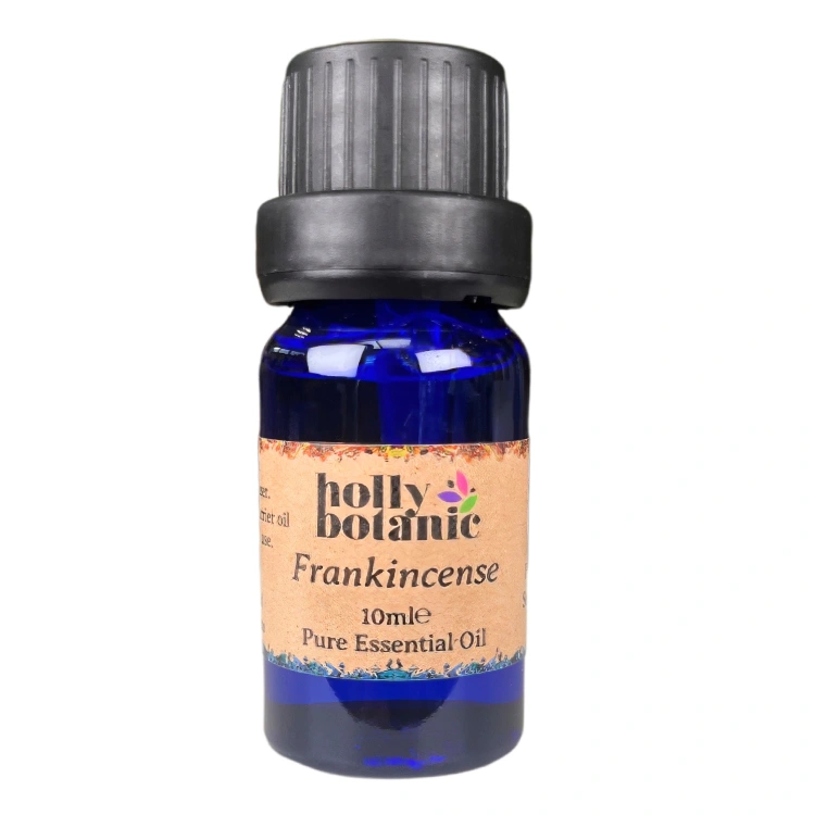 Frankincense essential oil available in either 5ml or 10ml blue glass, recyclable dropper bottles.