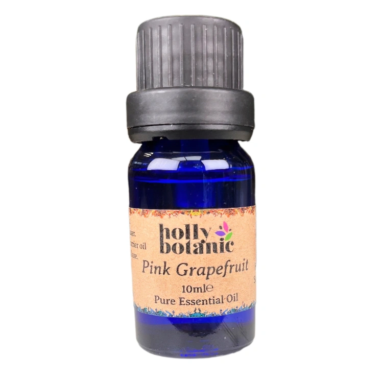 Grapefruit (pink) essential oil available in either 5ml or 10ml blue glass, recyclable dropper bottles.
