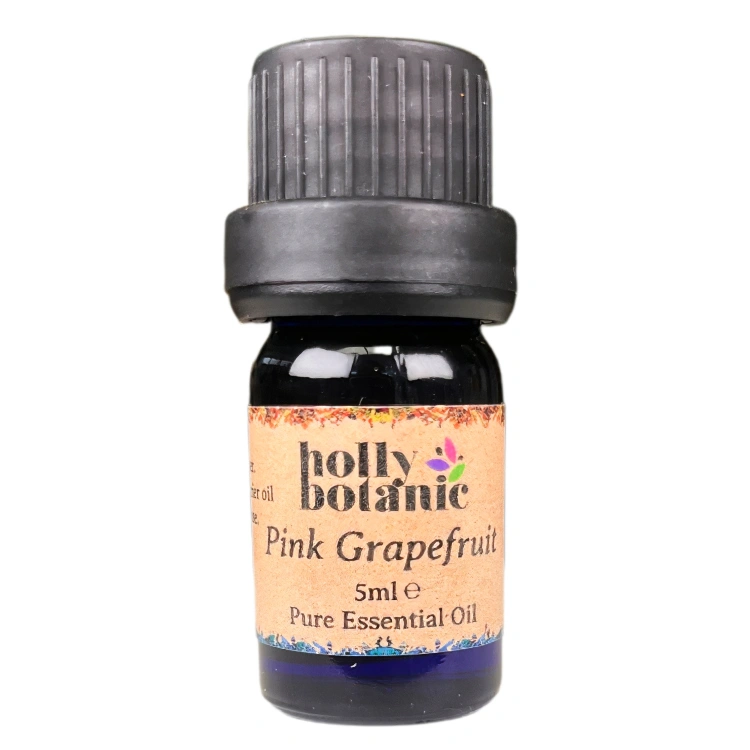 Grapefruit (pink) essential oil available in either 5ml or 10ml blue glass, recyclable dropper bottles.