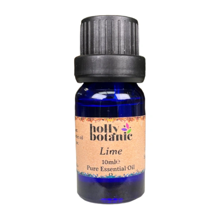 Lime essential oil available in either 5ml or 10ml blue glass, recyclable dropper bottles.