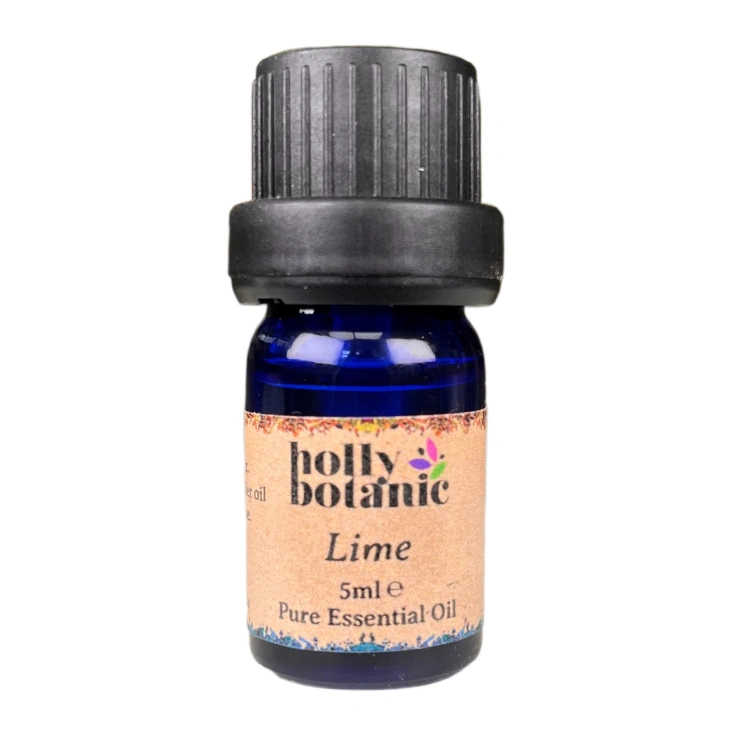 Lime essential oil available in either 5ml or 10ml blue glass, recyclable dropper bottles.