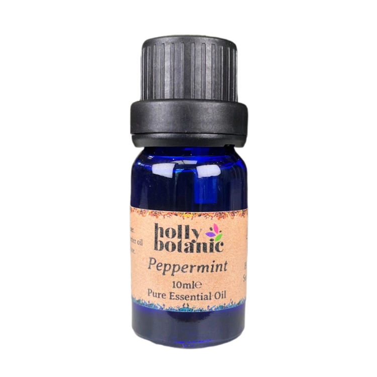Peppermint pure essential oil available in either 5ml or 10ml blue glass, recyclable dropper bottles.
