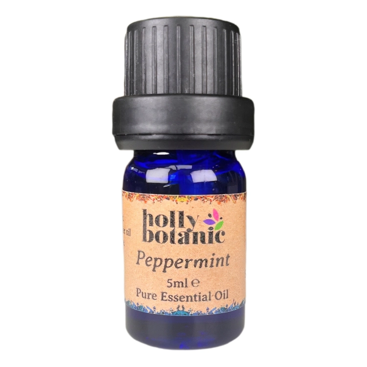 Peppermint pure essential oil available in either 5ml or 10ml blue glass, recyclable dropper bottles.
