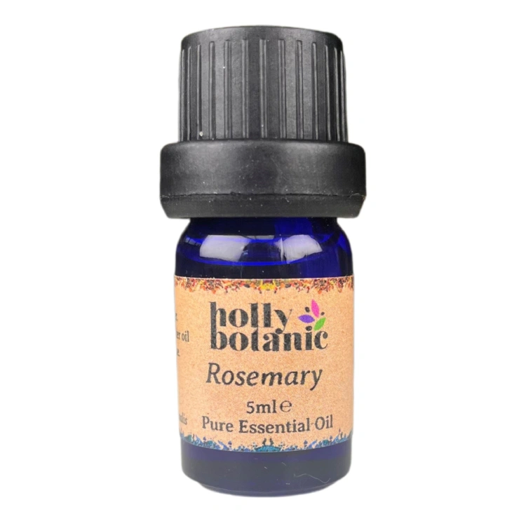 Rosemary essential oil available in either 5ml or 10ml blue glass, recyclable dropper bottles.