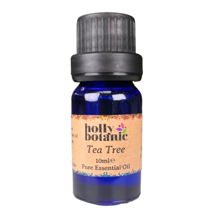 Tea Tree essential oil available in either 5ml or 10ml blue glass, recyclable dropper bottles.