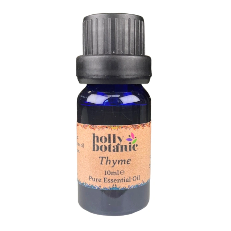 Thyme essential oil available in either 5ml or 10ml blue glass, recyclable dropper bottles.